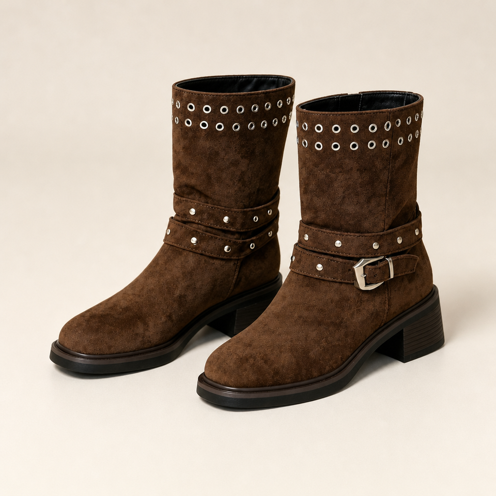 Rich brown suede mid-calf boots with round toe