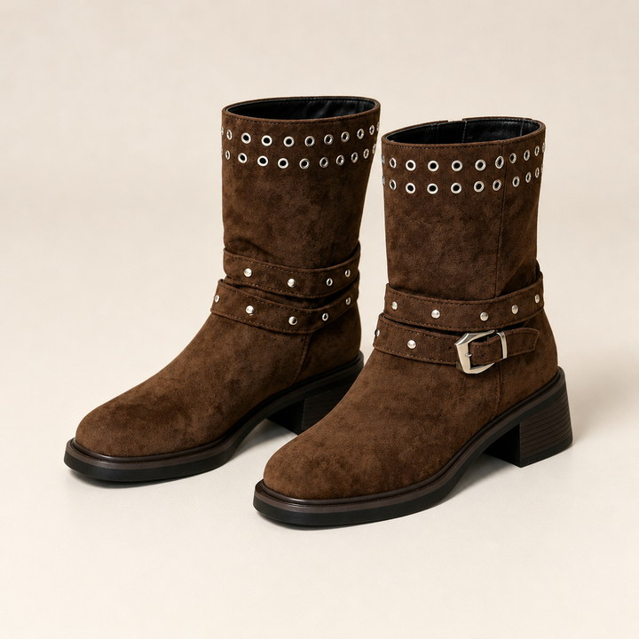 Rich brown suede mid-calf boots with round toe
