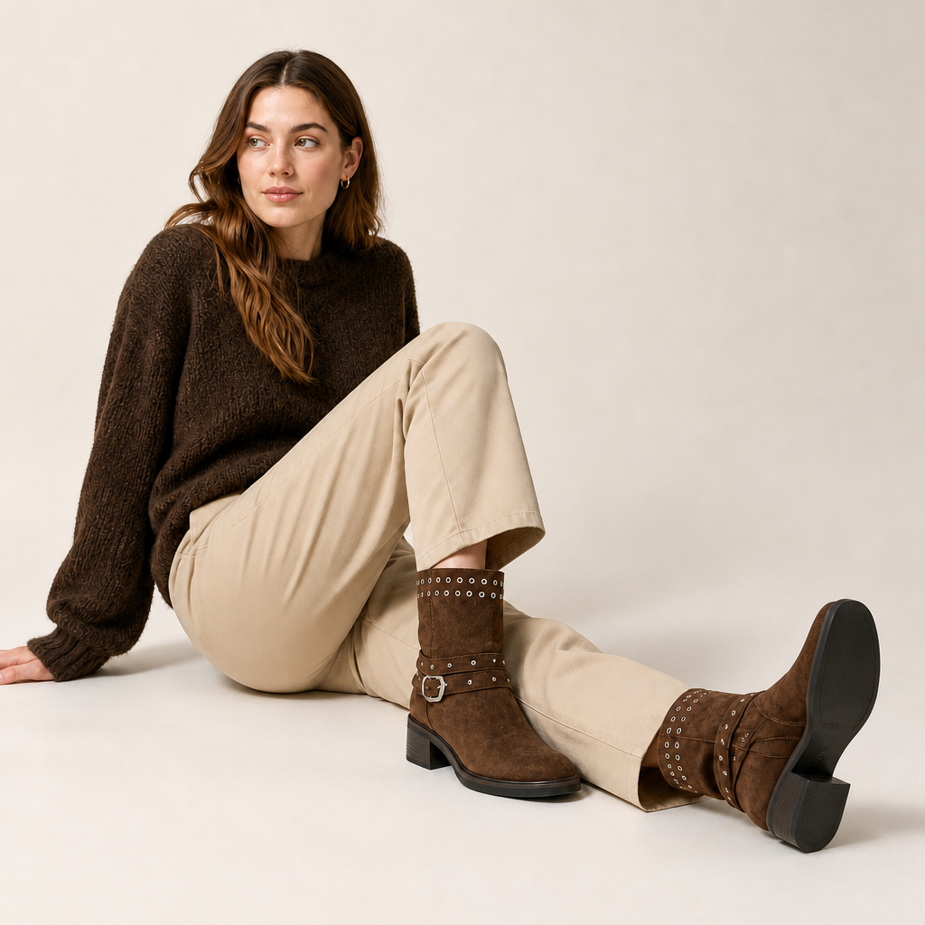 Khaki boots showing chunky heel detail