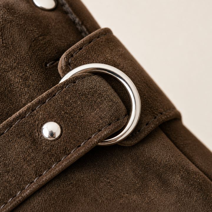Warm khaki suede mid-calf boots, side view